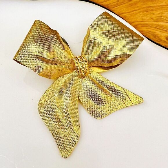 Vintage Textured Satin Bow Ribbon Brooch Crystal Accent Large Gold Matte 4085 - Picture 4 of 9